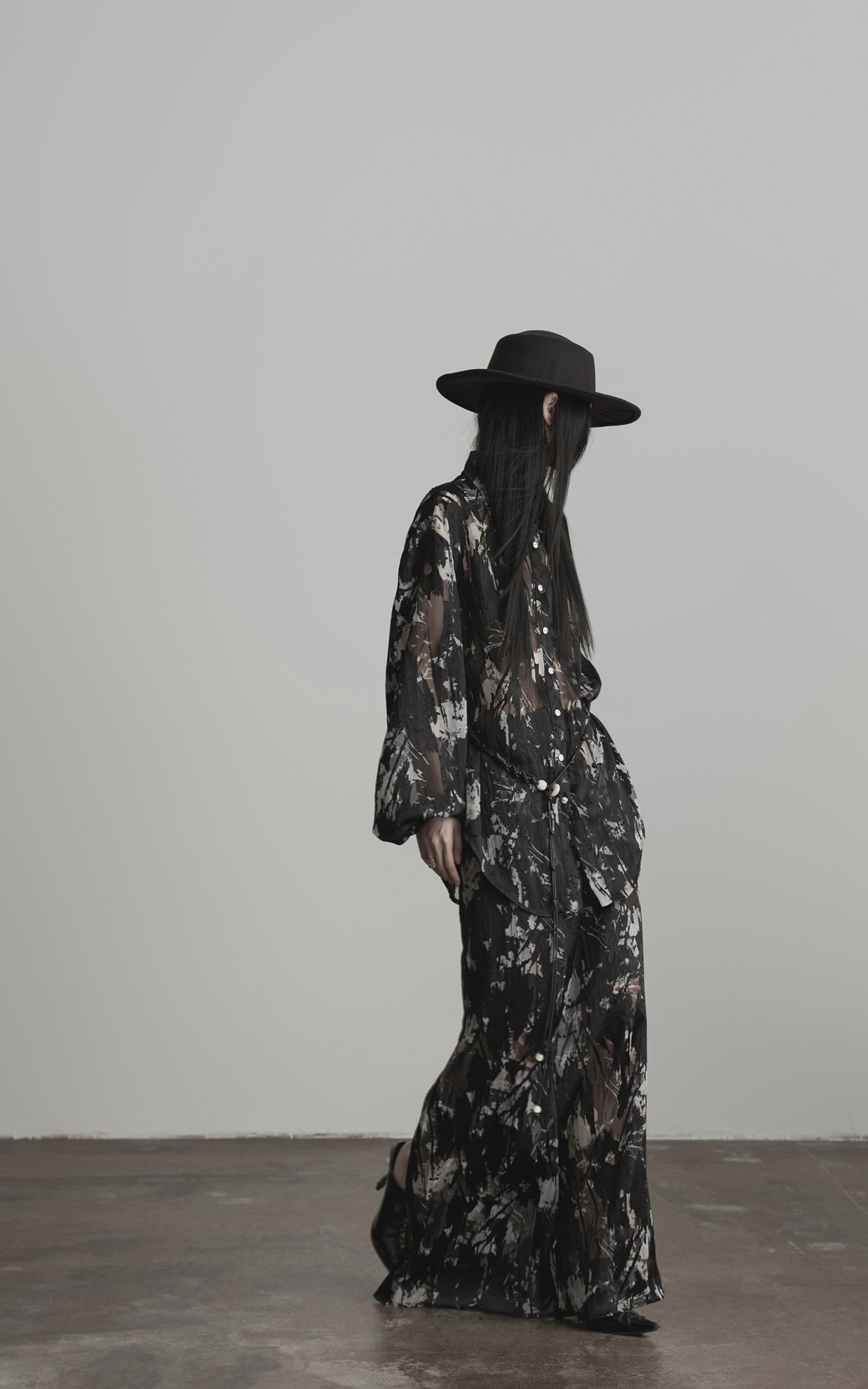 Load video: INDULGE Sheer Texture Shirt and Long Skirt Set with Abstract Shadow Print