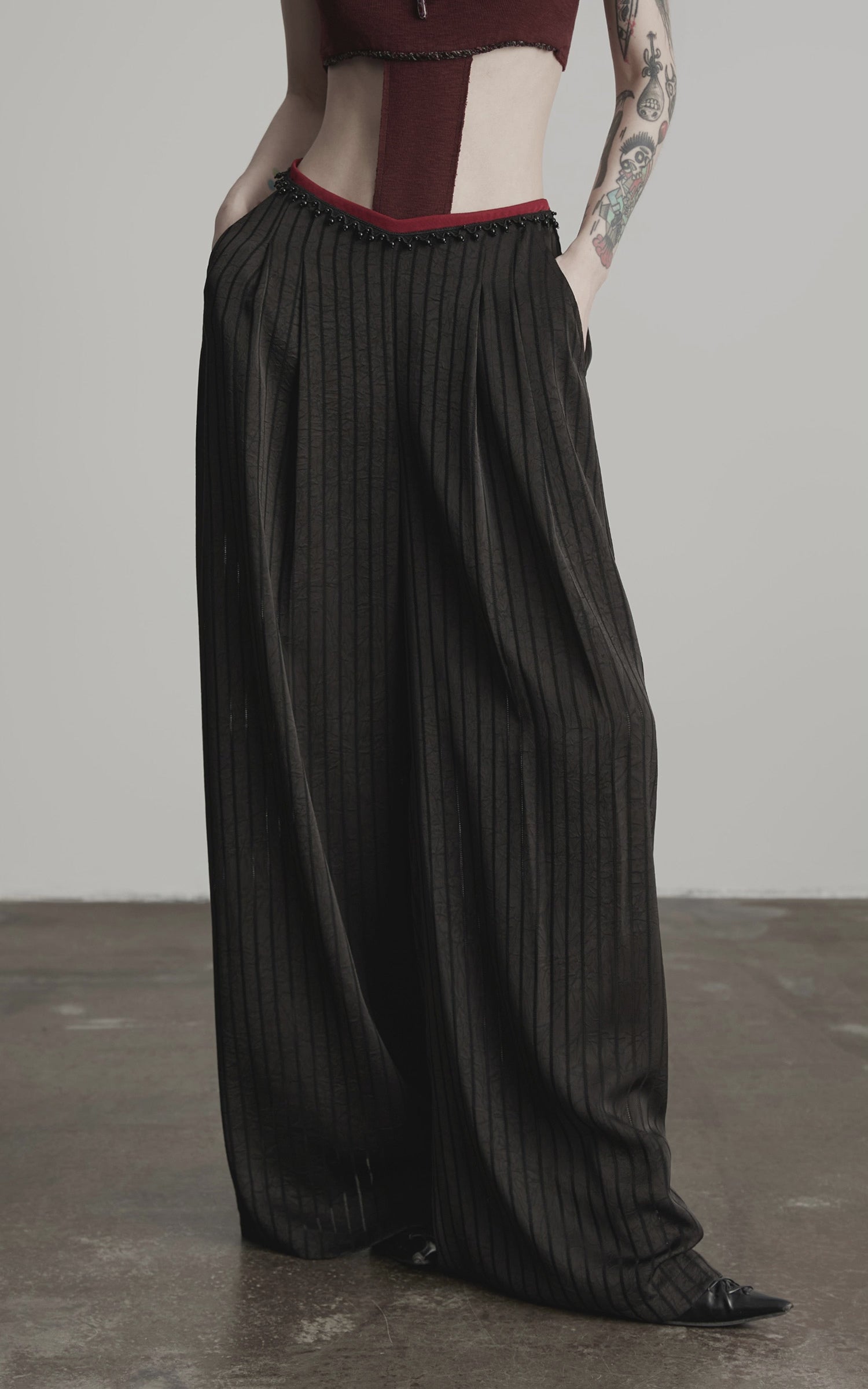 Load video: INDULGE Ruched Wide-Leg Pants with V-Cut Waist and Beaded Trim