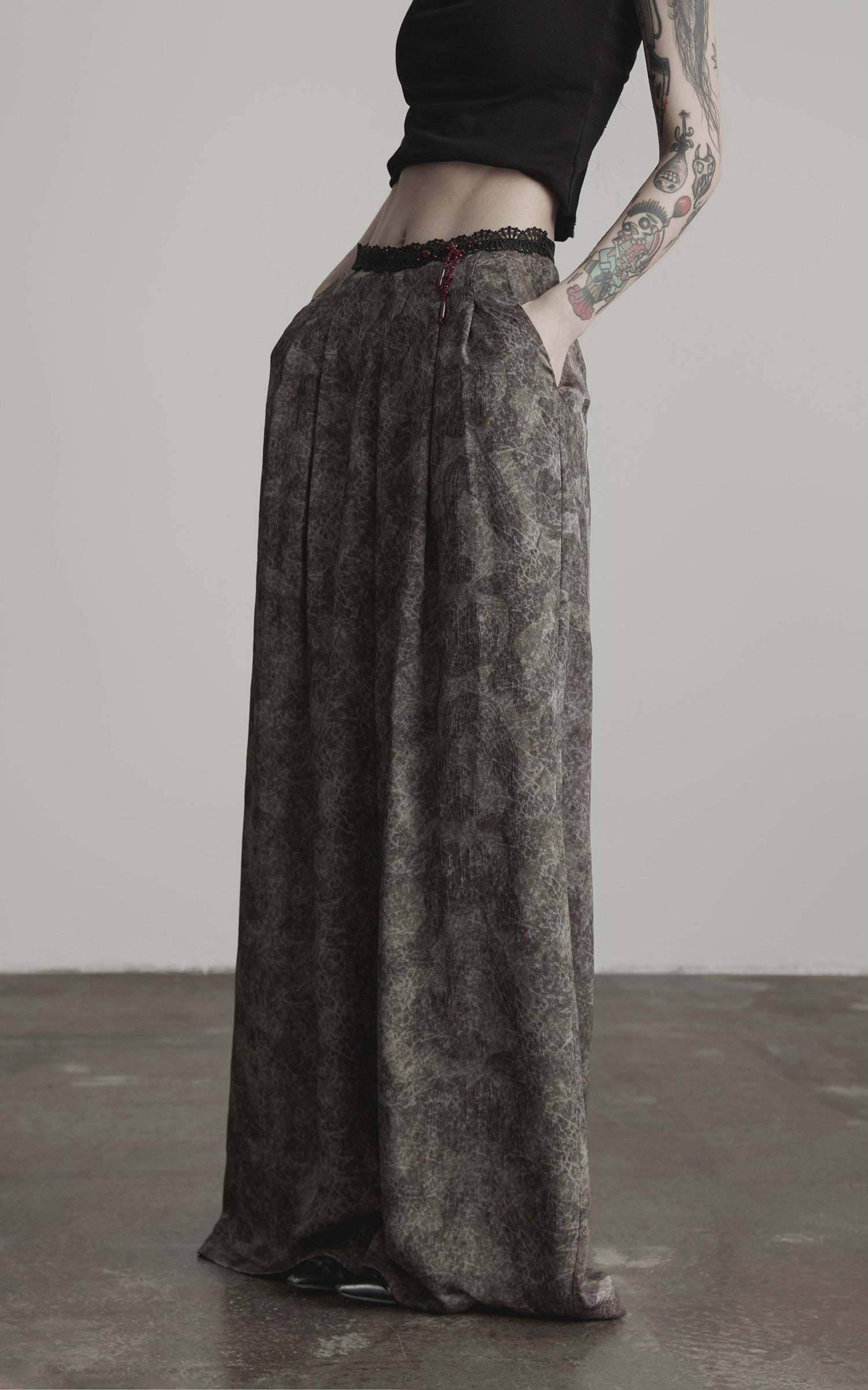 Load video: INDULGE Shadow Jacquard Wide Pants with Lace Waist and Beaded Trim
