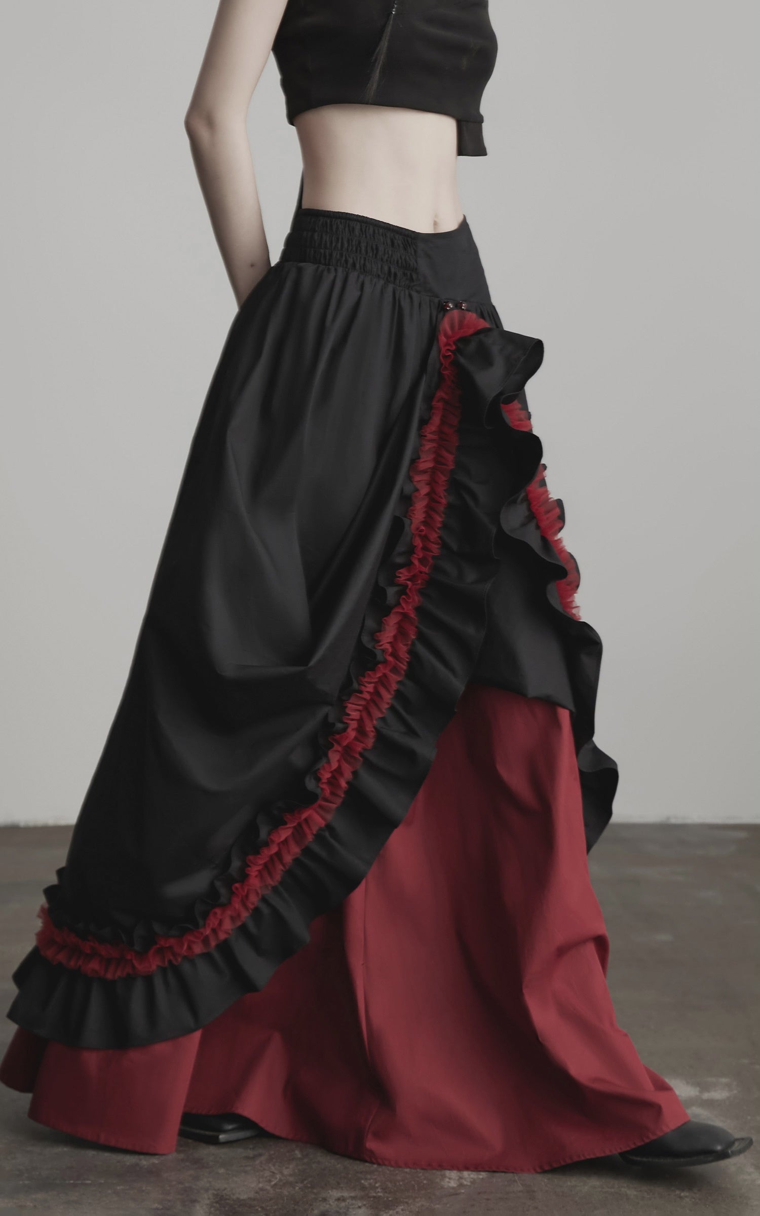 Load video: INDULGE Flared Skirt with Layered Frill Draping and Contrast Underskirt