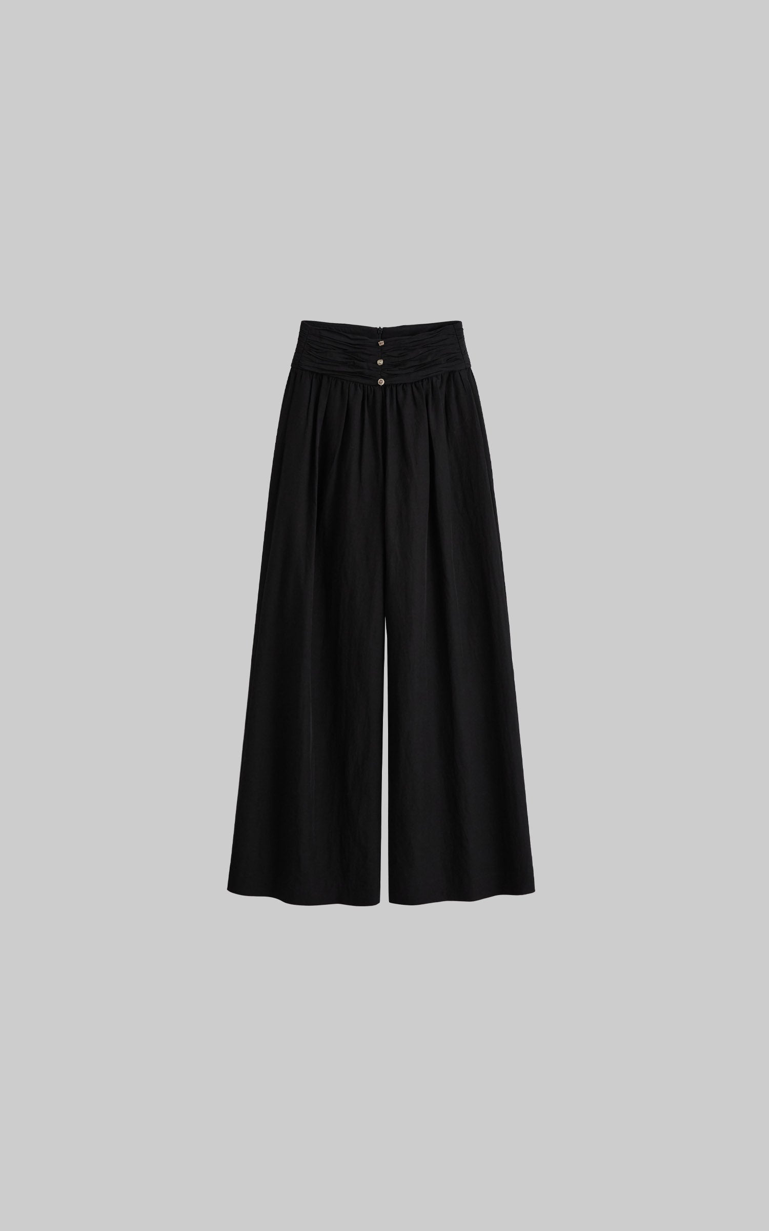 Black wide leg gathered waist pants flat lay view